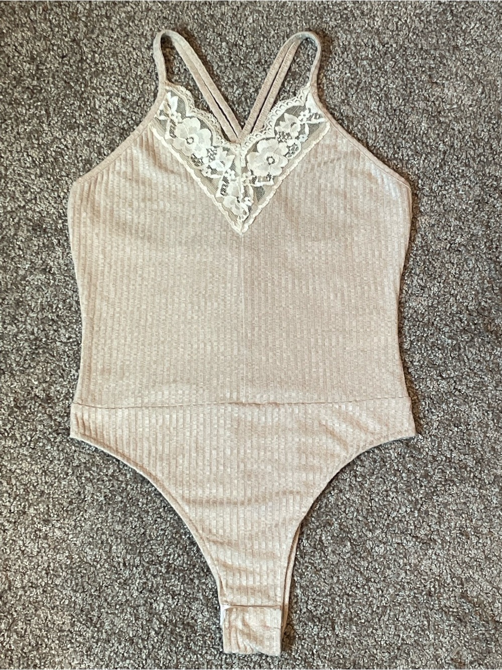Chelsea & Violet Beige Ribbed Lace V-Neck Bodysuit
